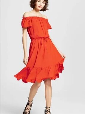 Mossimo Supply Co. Off-Shoulder Ruffle Midi Dress in Bright Orange, size M
